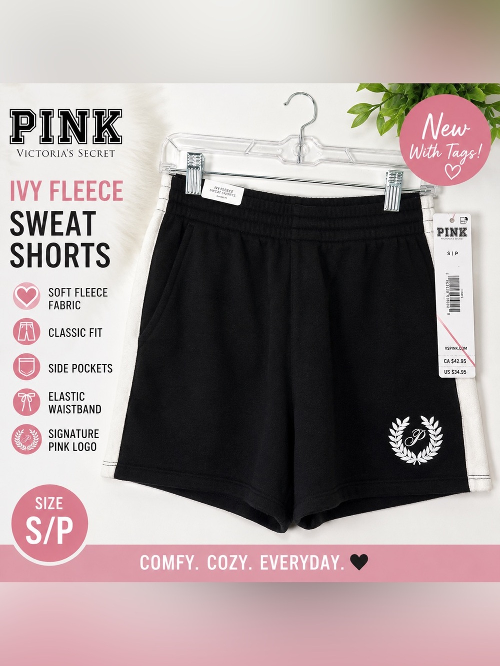 NWT PINK Victoria’s Secret Ivy Fleece High Rise Sweat Shorts Black White Small